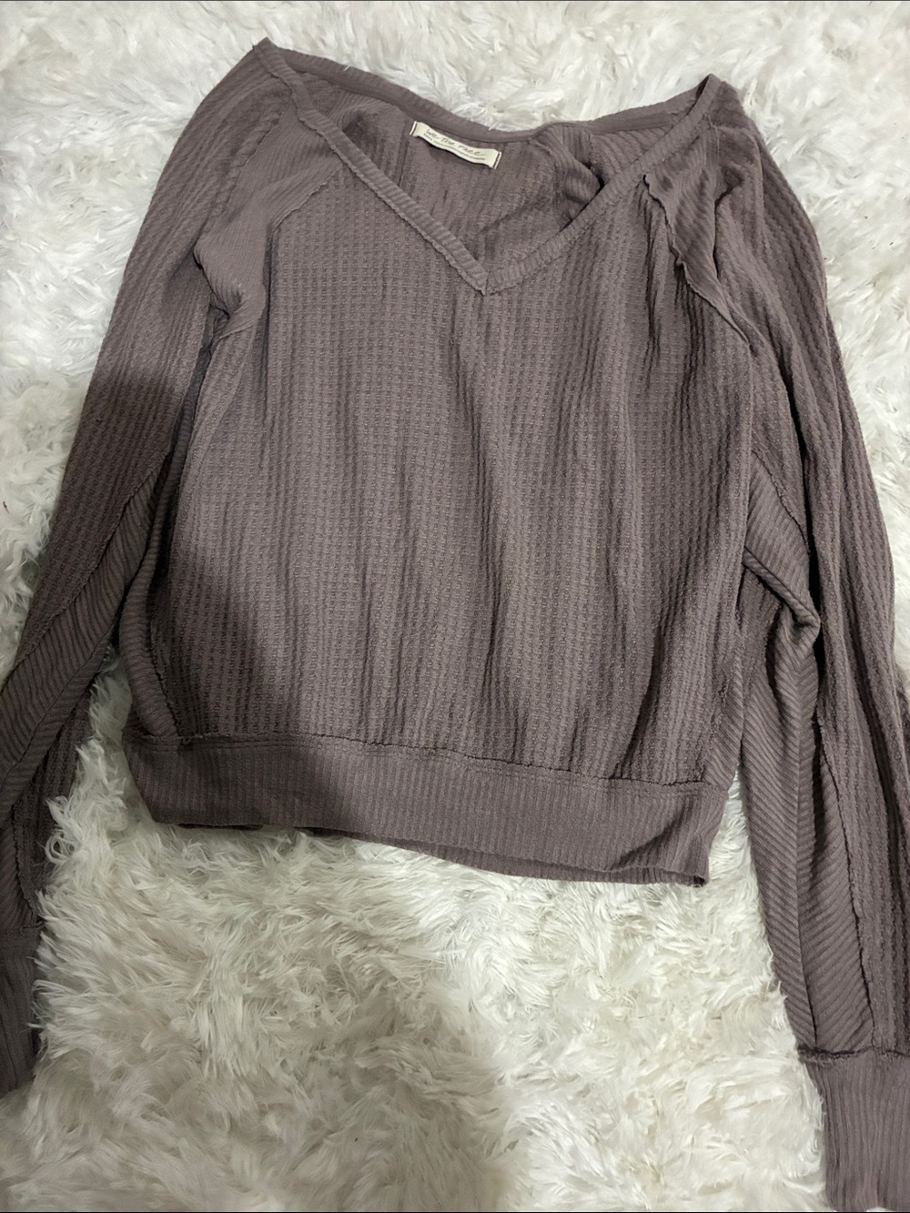 We the free Women's V-Neck Waffle Knit Long Sleeve Top - Taupe small